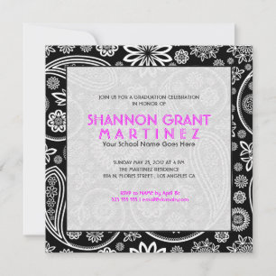 Invitación Grado Elegante De Paisley Floral Negra Y Blanca