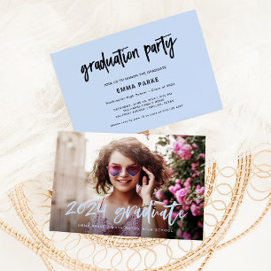 Invitación Grado moderno   Foto y texto manuscrito azul