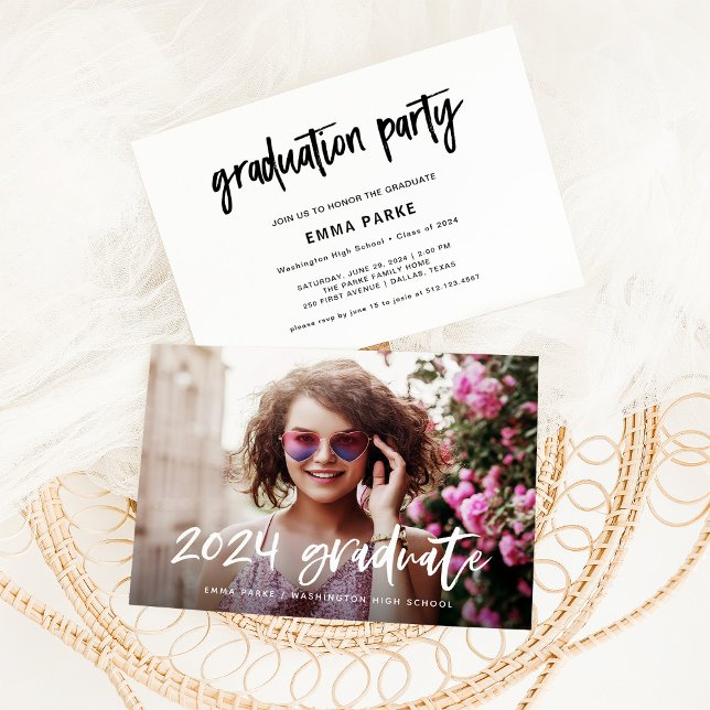 Invitación Grado moderno | Foto y texto manuscrito blanco (Subido por el creador)