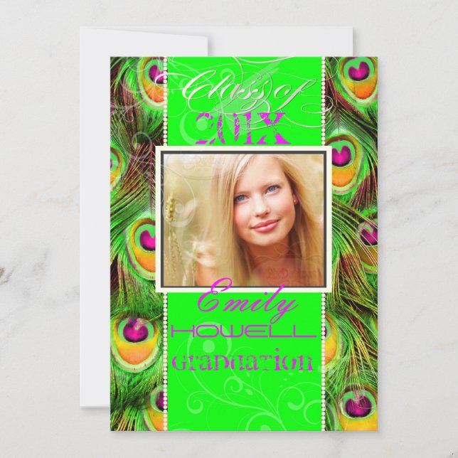 Invitación Grados PixDezines 2012, pavo real verde neón (Anverso)