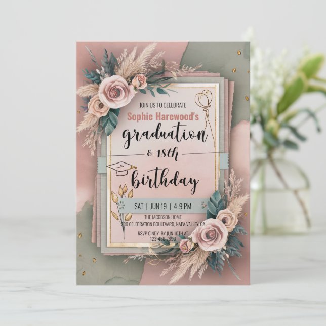 Invitación Graduación 18º cumpleaños Boho Flor pastoral suave (Anverso de pie)