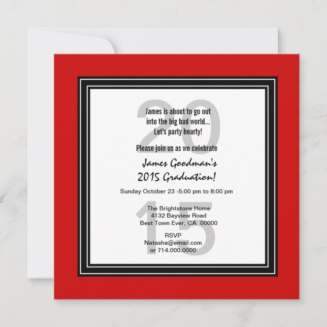 Invitación Graduación 2015 o CUALQUIER AÑO Color Blanco Rojo  (Anverso)