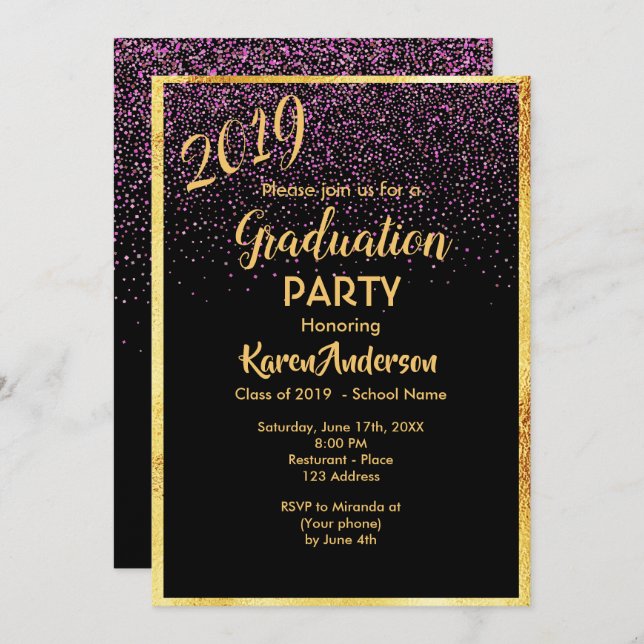 Invitación Graduación 2019 moda fiesta oro negro de confeti (Anverso / Reverso)