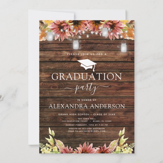 Invitación Graduación 2022 Floral de girasol de madera rústic (Anverso)