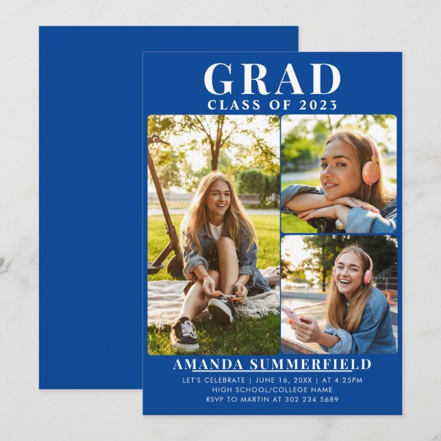 Invitación Graduación 2024 Fiesta azul de Collage de fotos de (Anverso / Reverso)