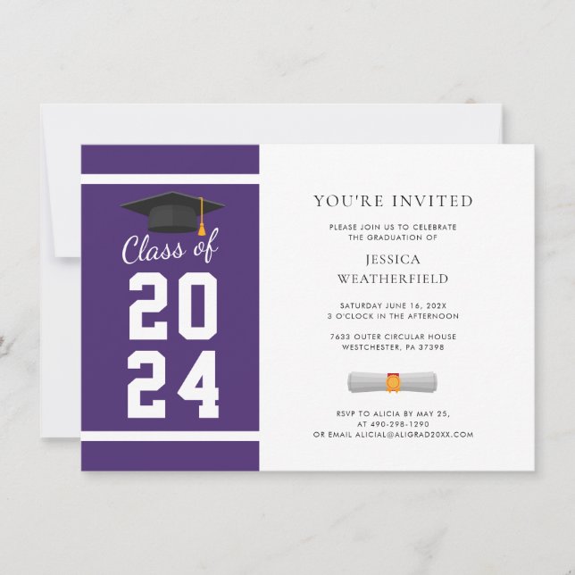 Invitación Graduación 2024 Fiesta blanco morado de la foto de (Anverso)