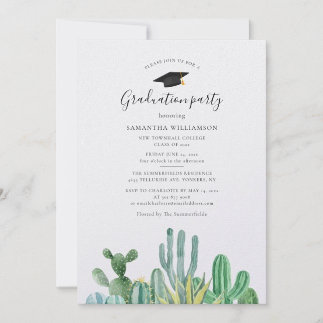 Invitación Graduación 2024 Watercolor Cacti Grad Fiesta (Anverso)