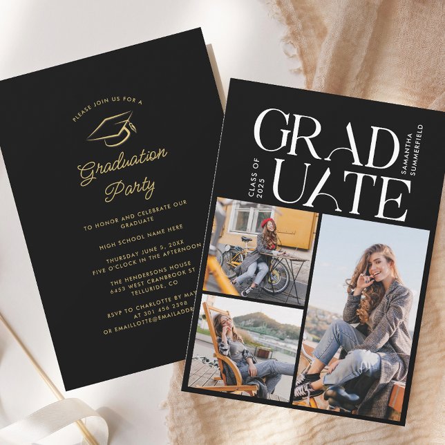 Invitación Graduación 2025 Collage de fotos Fiesta de graduad (Graduation 2025 Photo Collage Black Graduate Party Invitation)