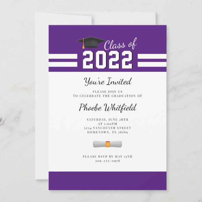 Invitación Graduación 2025 Fiesta de grado simple morado blan (Anverso)