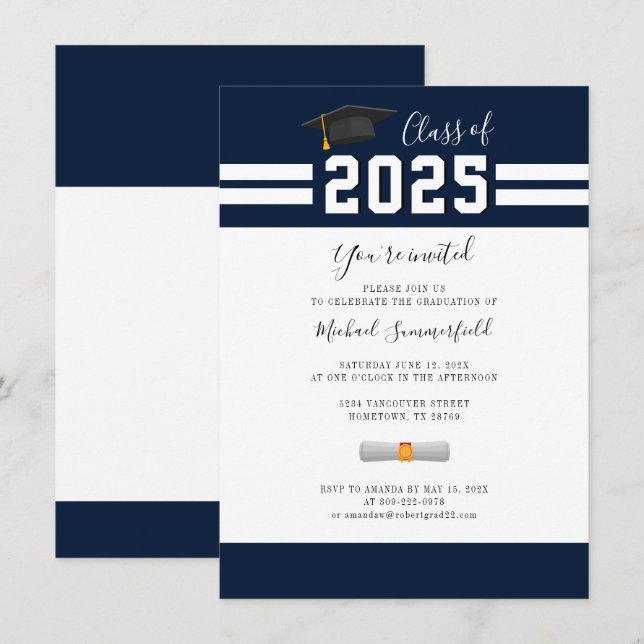 Invitación Graduación 2025 Fiesta de graduado Minimalista bla (Anverso / Reverso)