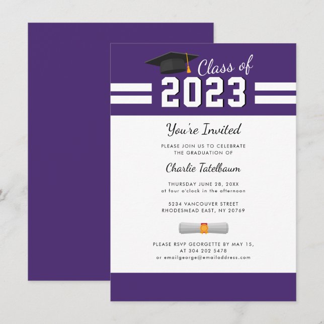 Invitación Graduación 2025 Fiesta de graduado morado blanco (Anverso / Reverso)