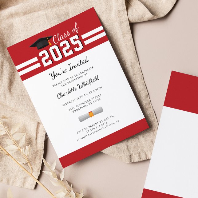 Invitación Graduación 2025 Fiesta de Guardias Blancos Rojos (Graduation 2025 Typography Party Red White Invitation)