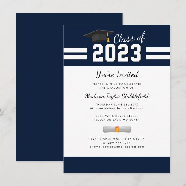 Invitación Graduación 2025 Fiesta de la graduación azul de la (Anverso / Reverso)