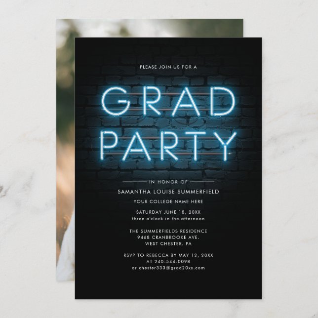 Invitación Graduación 2025 Fiesta de Neón azul foto de grado (Anverso / Reverso)