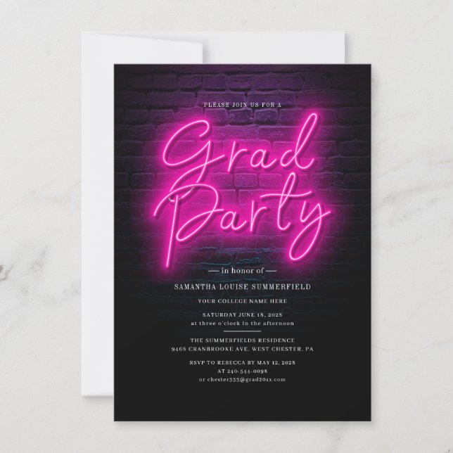 Invitación Graduación 2025 Fiesta de posgrado de neón rosa (Anverso)