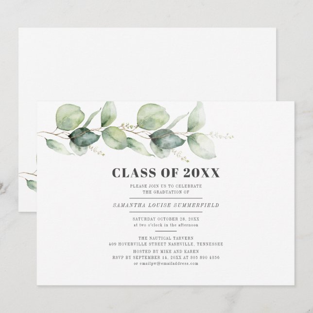 Invitación Graduación 2025 Fiesta Eucalipto moderno (Anverso / Reverso)