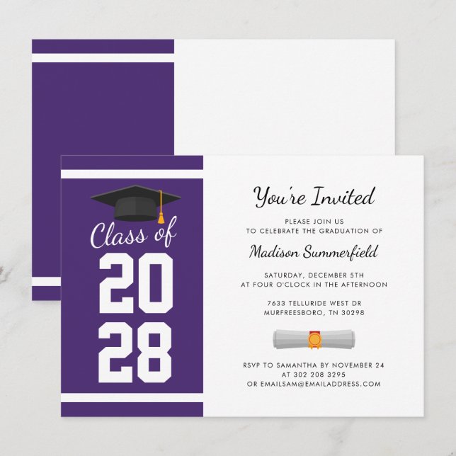 Invitación Graduación 2025 Fiesta Purple Grad (Anverso / Reverso)