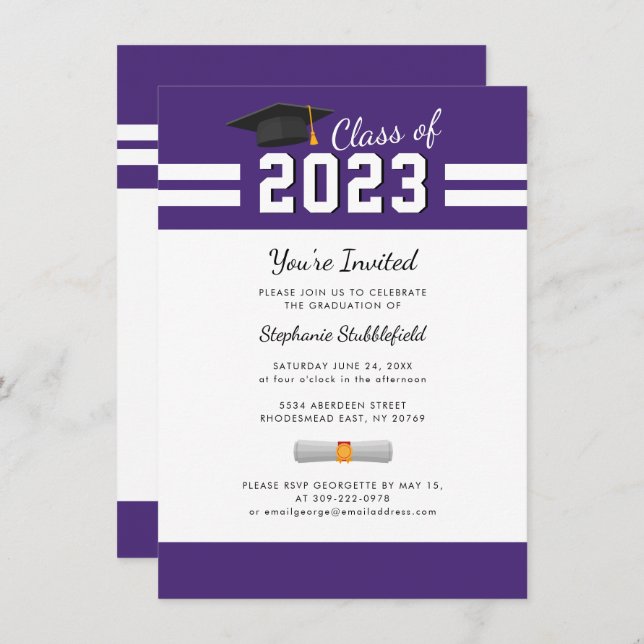Invitación Graduación 2025 Fiesta Púrpura Simple (Anverso / Reverso)