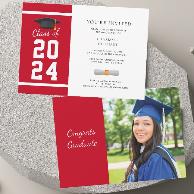 Invitación Graduación 2025 Foto: Fiesta de graduado rojo blan (Graduation 2025 Photo Red White Grad Party Invitation)