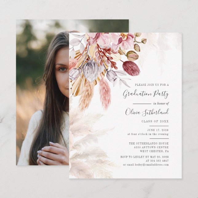 Invitación Graduación 2025 Foto Pampas Graduado Fiesta (Anverso / Reverso)