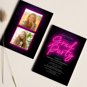 Invitación Graduación 2025 Guión de neón rosado 2 Fiesta de f