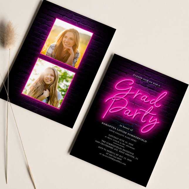 Invitación Graduación 2025 Guión de neón rosado 2 Fiesta de f (Graduation 2 Photos 2024 Pink Neon Script Party Invitation)