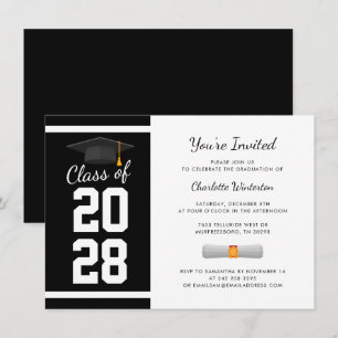 Invitación Graduación 2025 Modern Black White Grad Fiesta