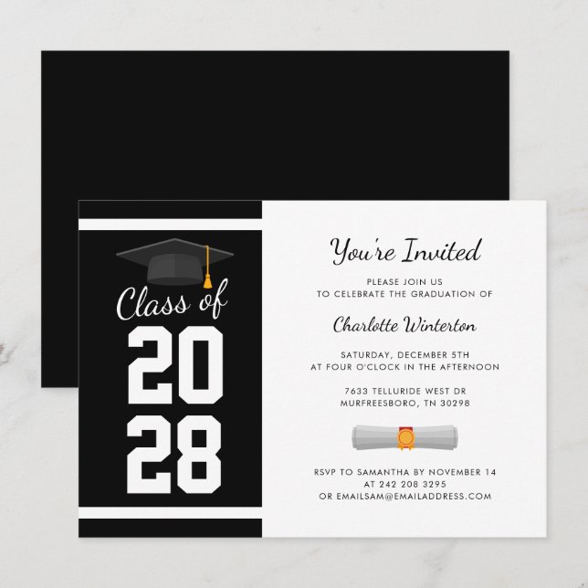 Invitación Graduación 2025 Modern Black White Grad Fiesta (Anverso / Reverso)