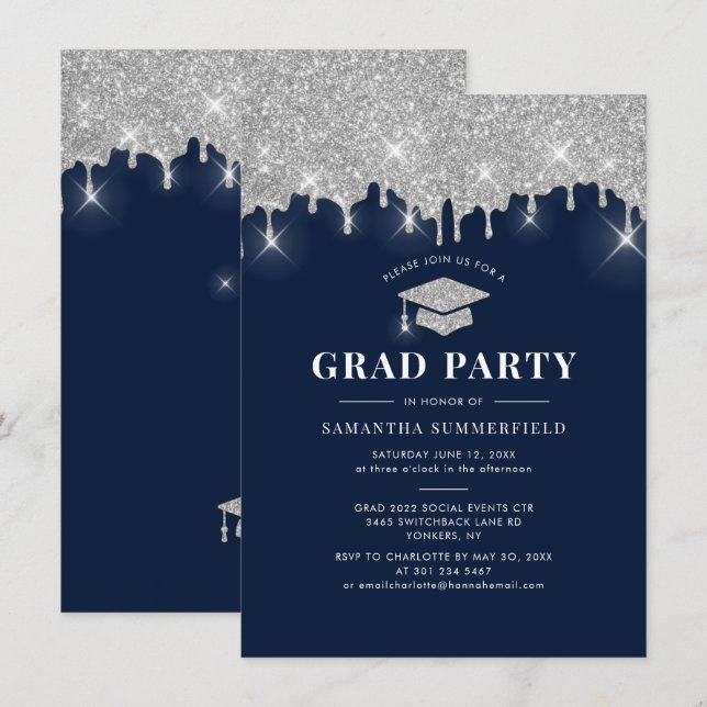Invitación Graduación 2025 Purpurina Fiesta Azul de la Marina (Anverso / Reverso)