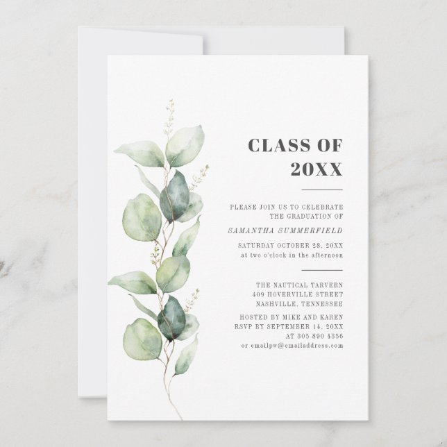 Invitación Graduación 2026 Aquarela Eucalipto Fiesta de Gradu (Anverso)