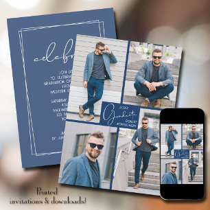 Invitación Graduación 4 Collage de fotos Fiesta azul