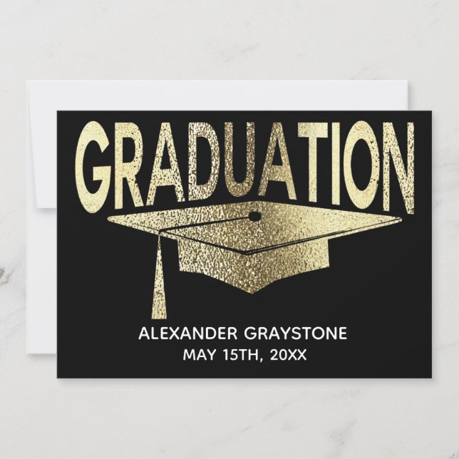 Invitación Graduación Ahorra La Fecha Moderna Faux Gold Black (Anverso)