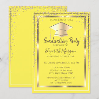 Invitación Graduación Amarilla del gol de oro de los diamante