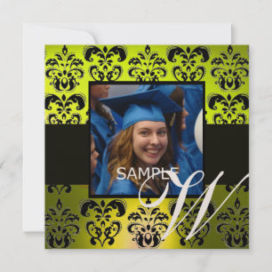 Invitación GRADUACIÓN AMARILLA NEGRA DAMASK MONOGRAM champagn