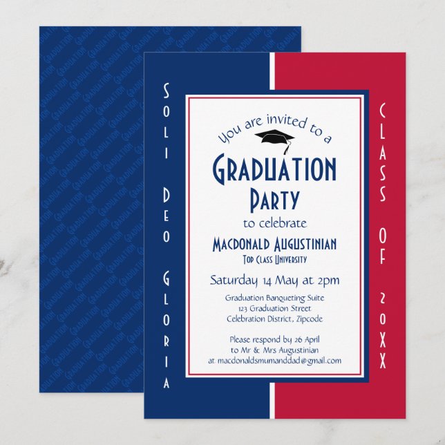 Invitación GRADUACIÓN Azul blanco rojo cristiano personalizad (Anverso / Reverso)