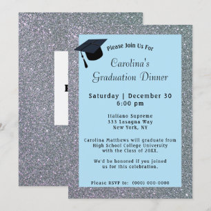 Invitación Graduación azul claro de la cena Purpurina Plata