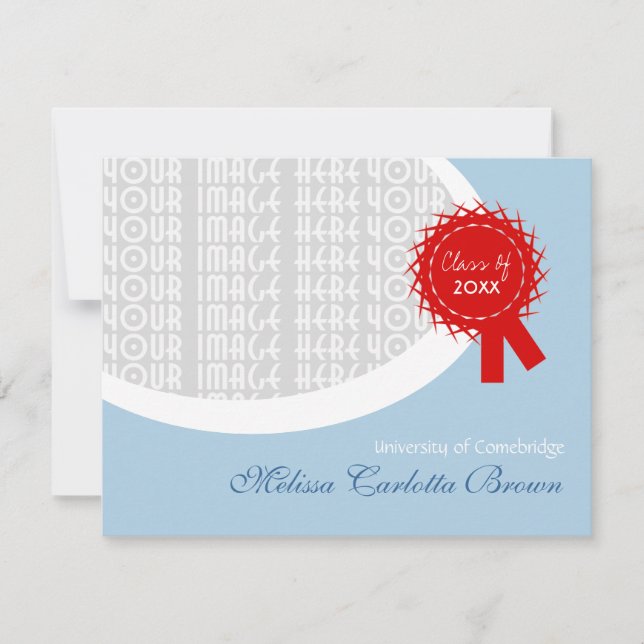 Invitación Graduación azul de cinta roja (Anverso)