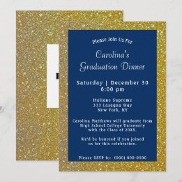 Invitación Graduación azul de la cena con espárragos dorados