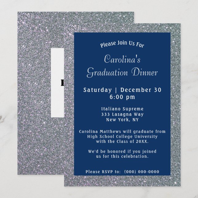Invitación Graduación azul de la cena con espuma de plata (Anverso / Reverso)