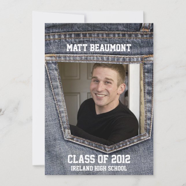 Invitación Graduación azul de la foto del bolsillo de Jean (Anverso)