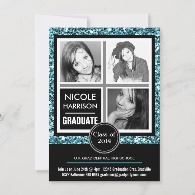 Invitación Graduación azul de la foto del chica 3 del (Anverso)