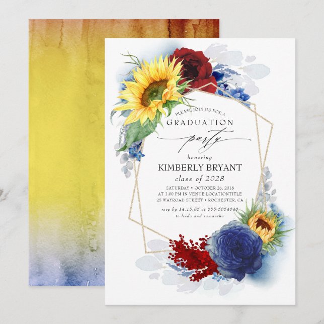 Invitación Graduación azul de la Marina Borgoña de girasol am (Anverso / Reverso)