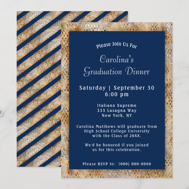 Invitación Graduación azul de la Marina de la Cena (Anverso / Reverso)