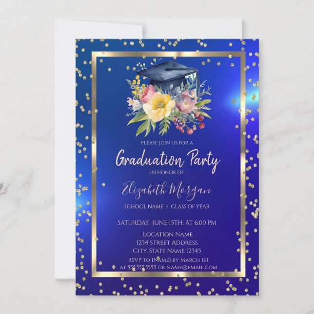 Invitación Graduación azul de la Marina Floral Grad Cap (Anverso)