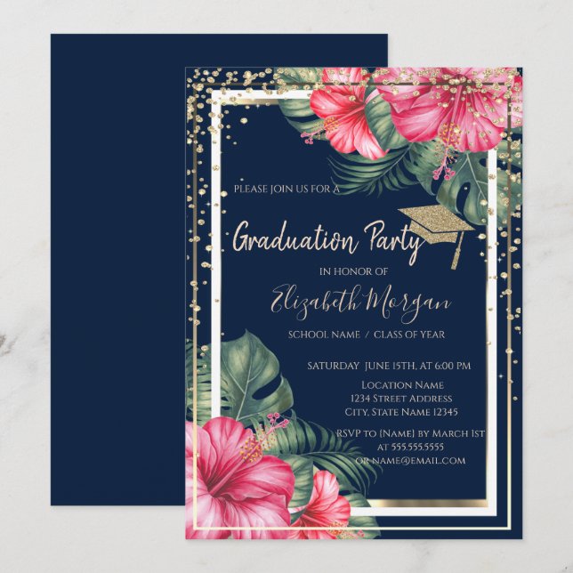 Invitación Graduación azul de la Marina Hibiscus Grad Cap Dia (Anverso / Reverso)