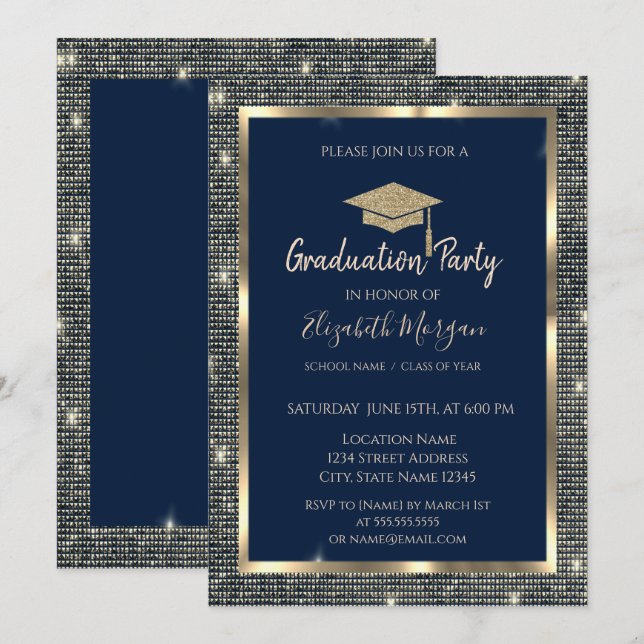 Invitación Graduación azul del capuchón de graduación de la M (Anverso / Reverso)