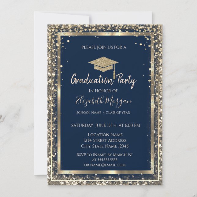 Invitación Graduación azul del gol de oro de diamantes de sec (Anverso)