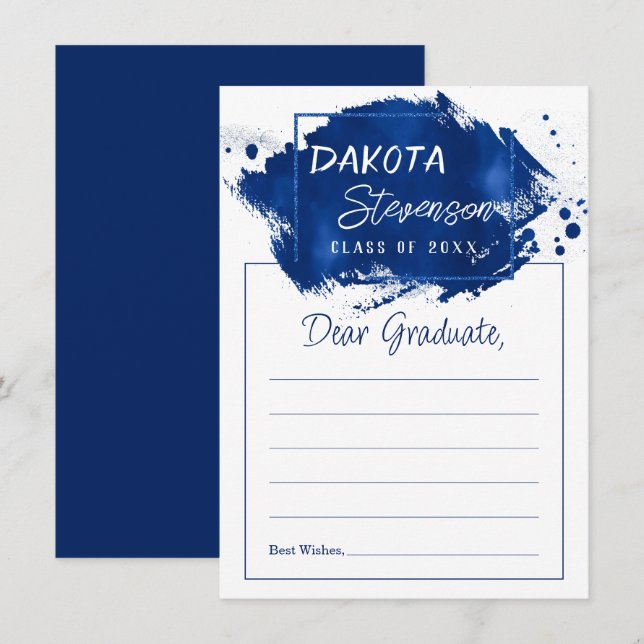 Invitación Graduación azul | Paint Splatter Grad Fiesta Conse (Anverso / Reverso)