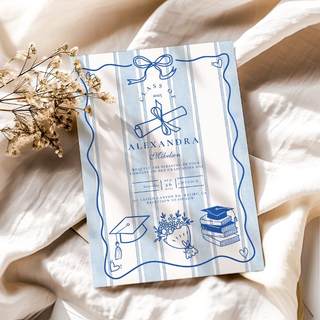 Invitación Graduación azul trenzada a mano retro (Subido por el creador)