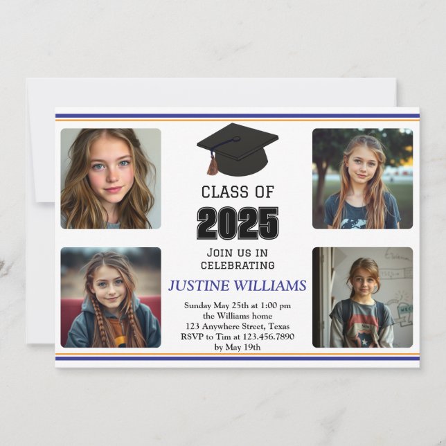 Invitación Graduación azul y Naranja (Anverso)